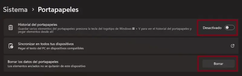 Historial del portapapeles de Windows 11
