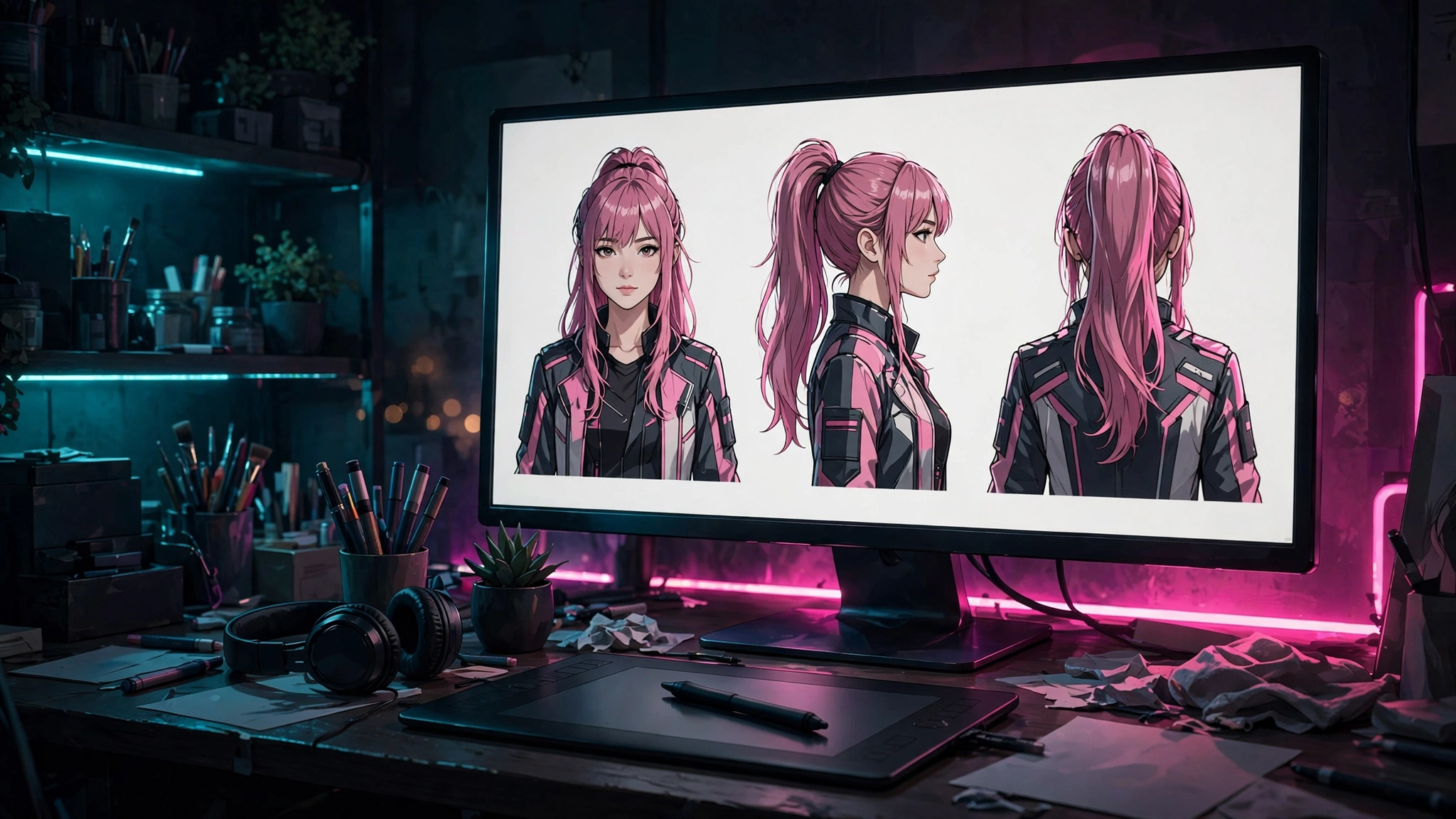 Diseñador creando un influencer virtual con una lámina de personaje en la pantalla de su estudio