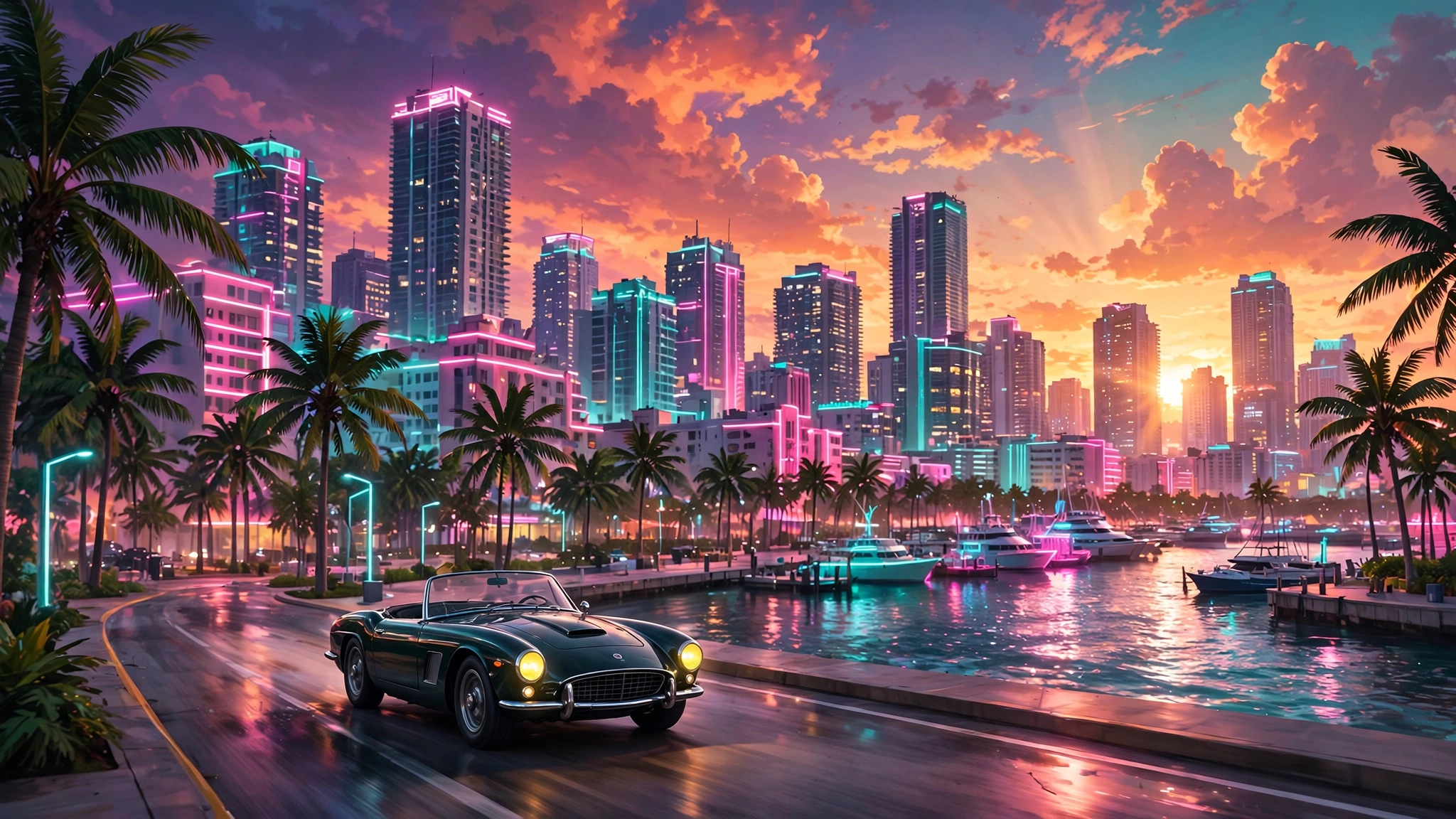Ciudad costera estilo Vice City al atardecer con palmeras y luces de neón, ilustración del lanzamiento de GTA 6 Ciudad costera estilo Vice City al atardecer con palmeras y luces de neón, ilustración del lanzamiento de GTA 6