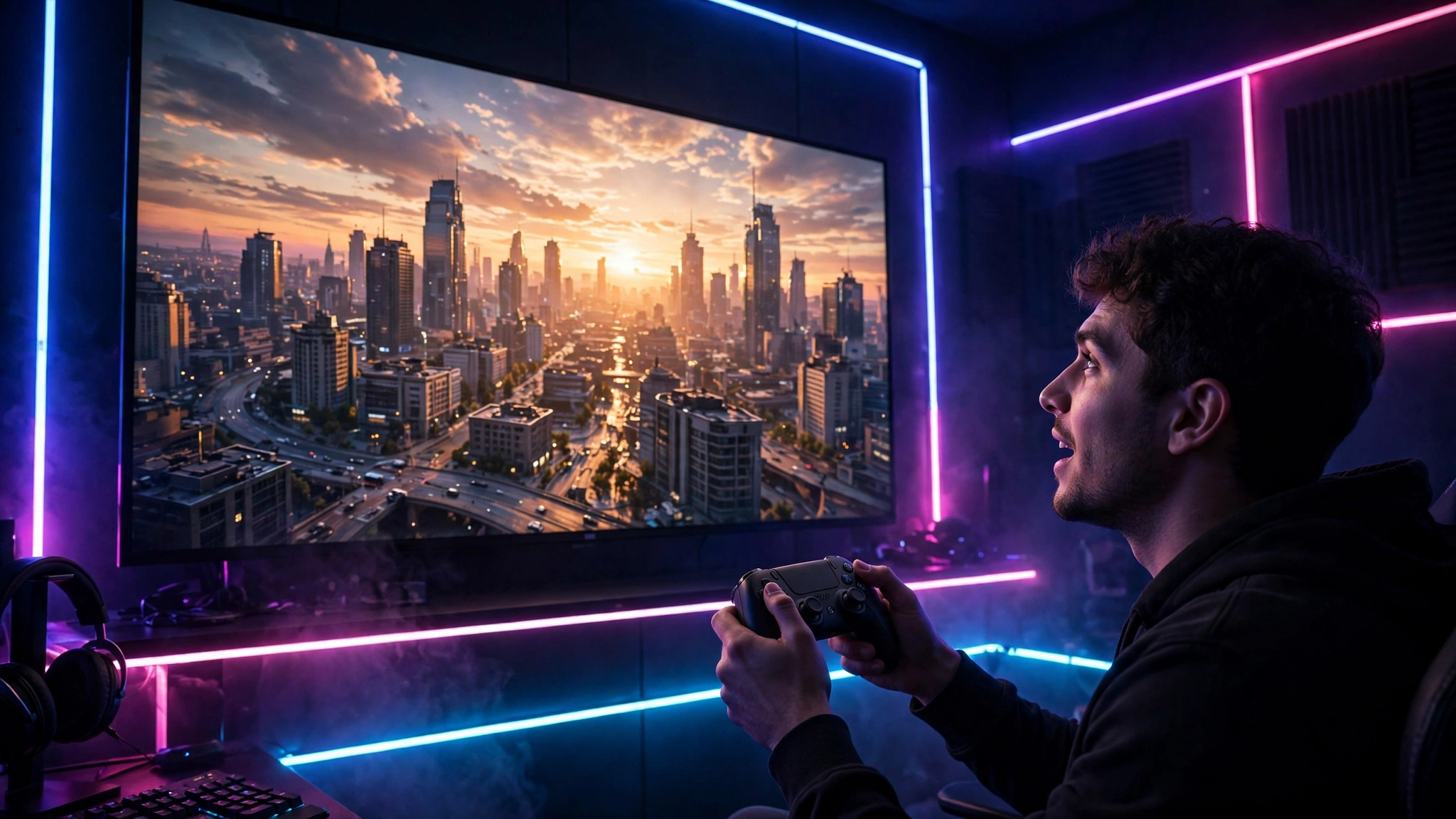 Jugador con el control de la consola frente a la pantalla, a la espera del lanzamiento de GTA 6