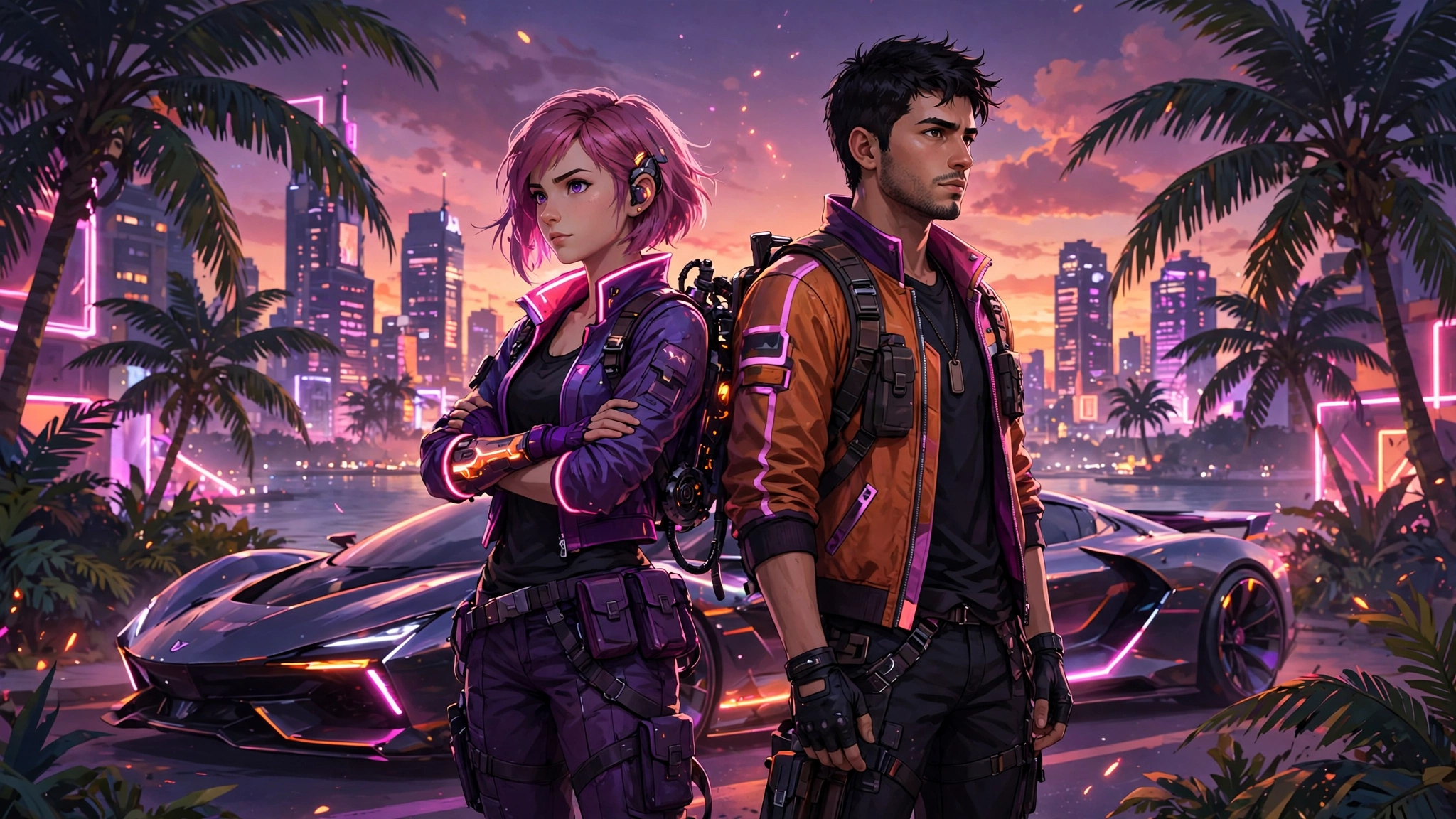 Los dos protagonistas de GTA 6 de pie frente al skyline de Leonida al anochecer