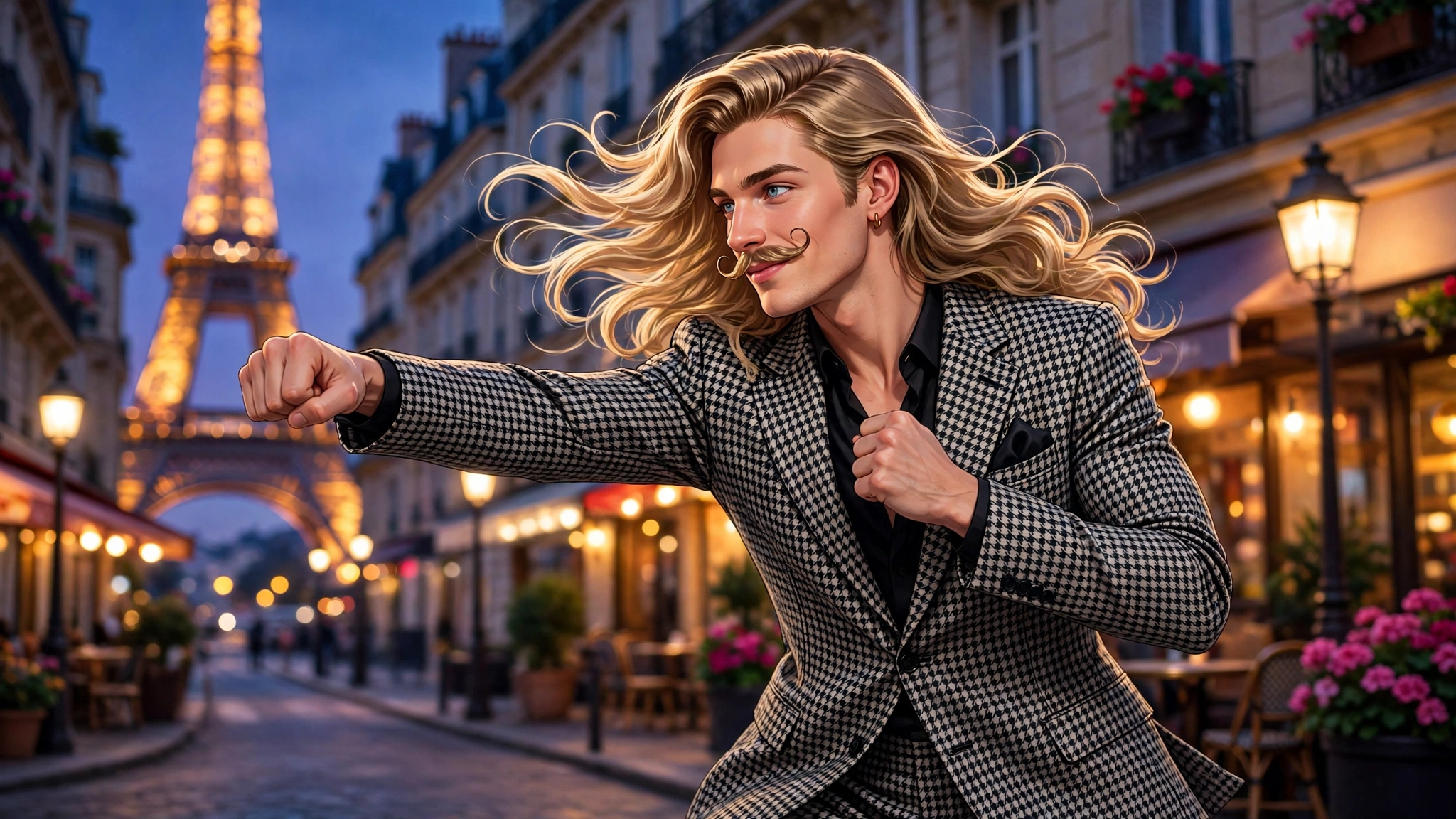 Influencer virtual con melena rubia y bigote rizado haciendo shadowboxing en una calle de París al atardecer