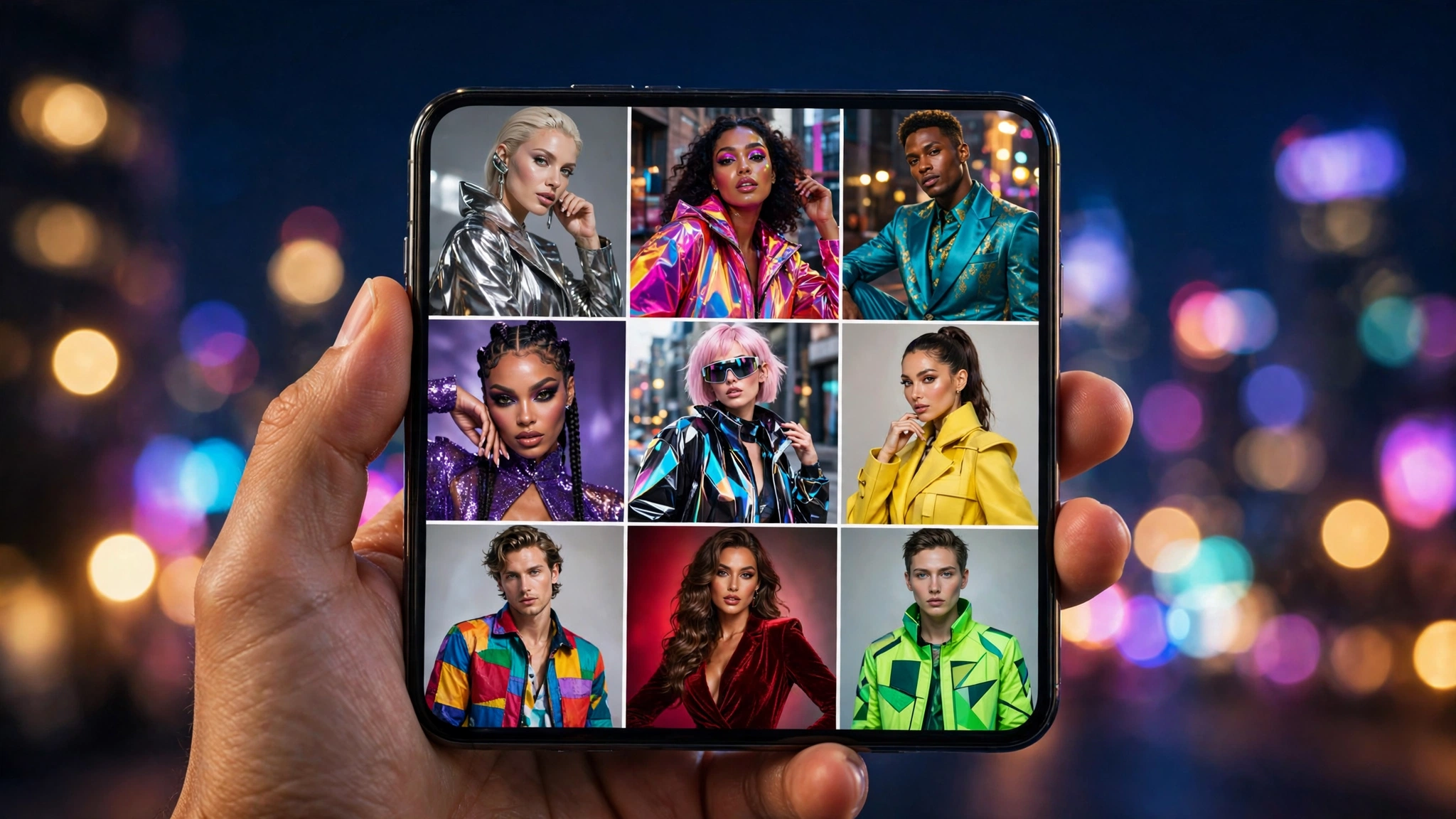 Teléfono móvil con una cuadrícula de fotos de modelos digitales e influencers virtuales en redes sociales