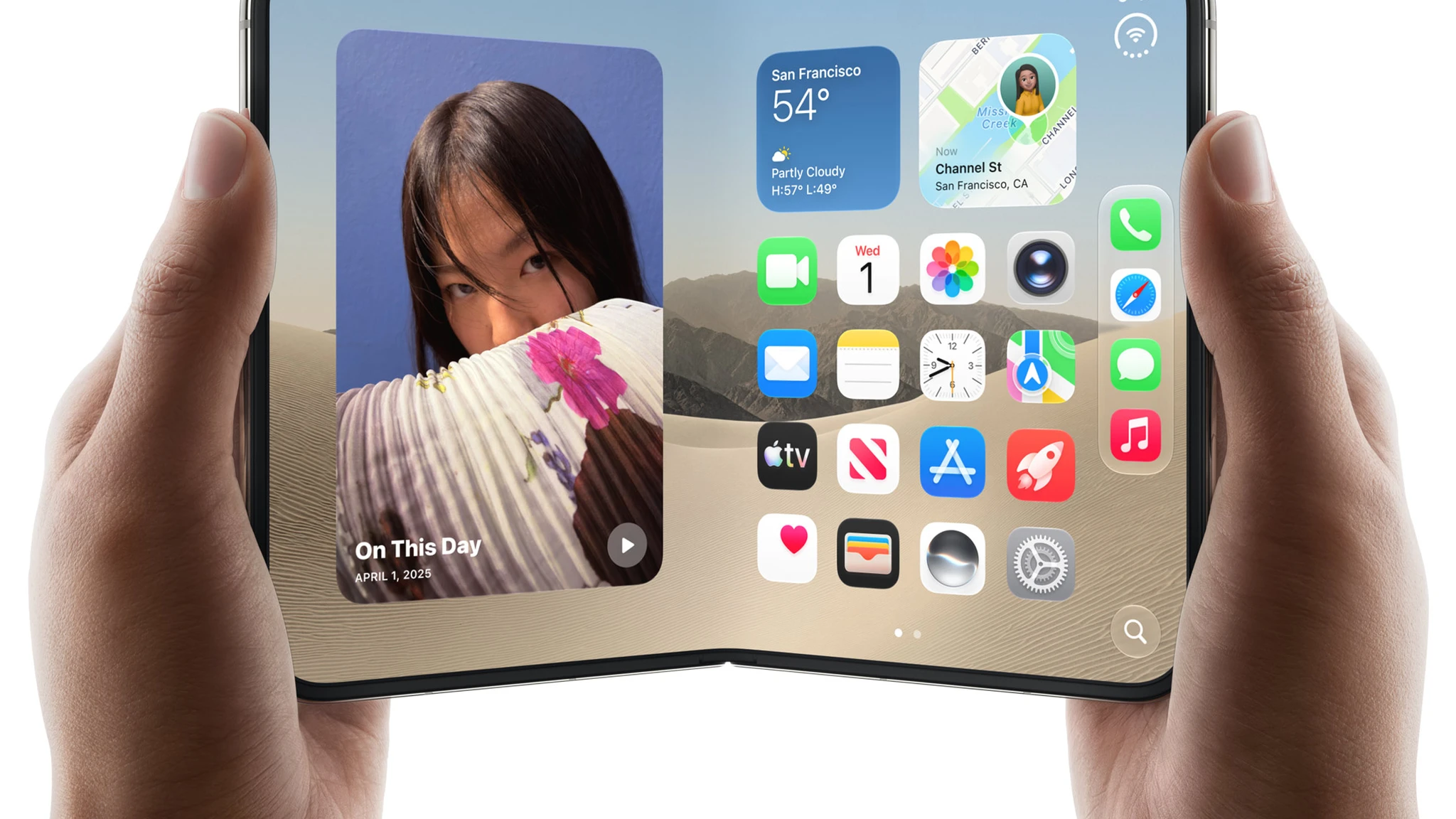 iPhone Duo abierto en la mano mostrando su pantalla interior de 7,6 pulgadas con widgets de iOS 27, foto oficial de Apple
