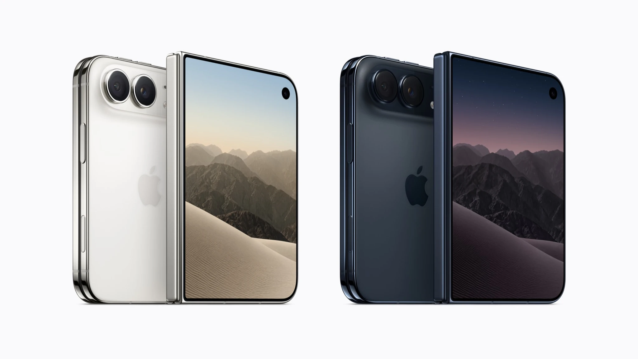 iPhone Duo en sus dos colores, blanco estrella y cielo nocturno, con sus cámaras traseras de 48 MP, foto oficial de Apple