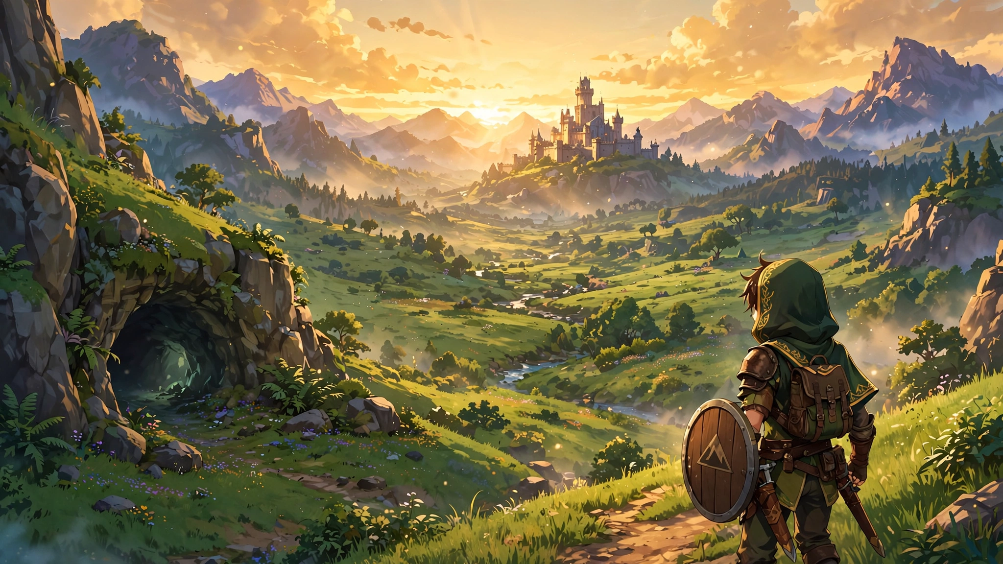 Héroe de videojuego con espada y escudo explorando un valle verde con montañas y un castillo, ilustración de aventura al estilo Zelda