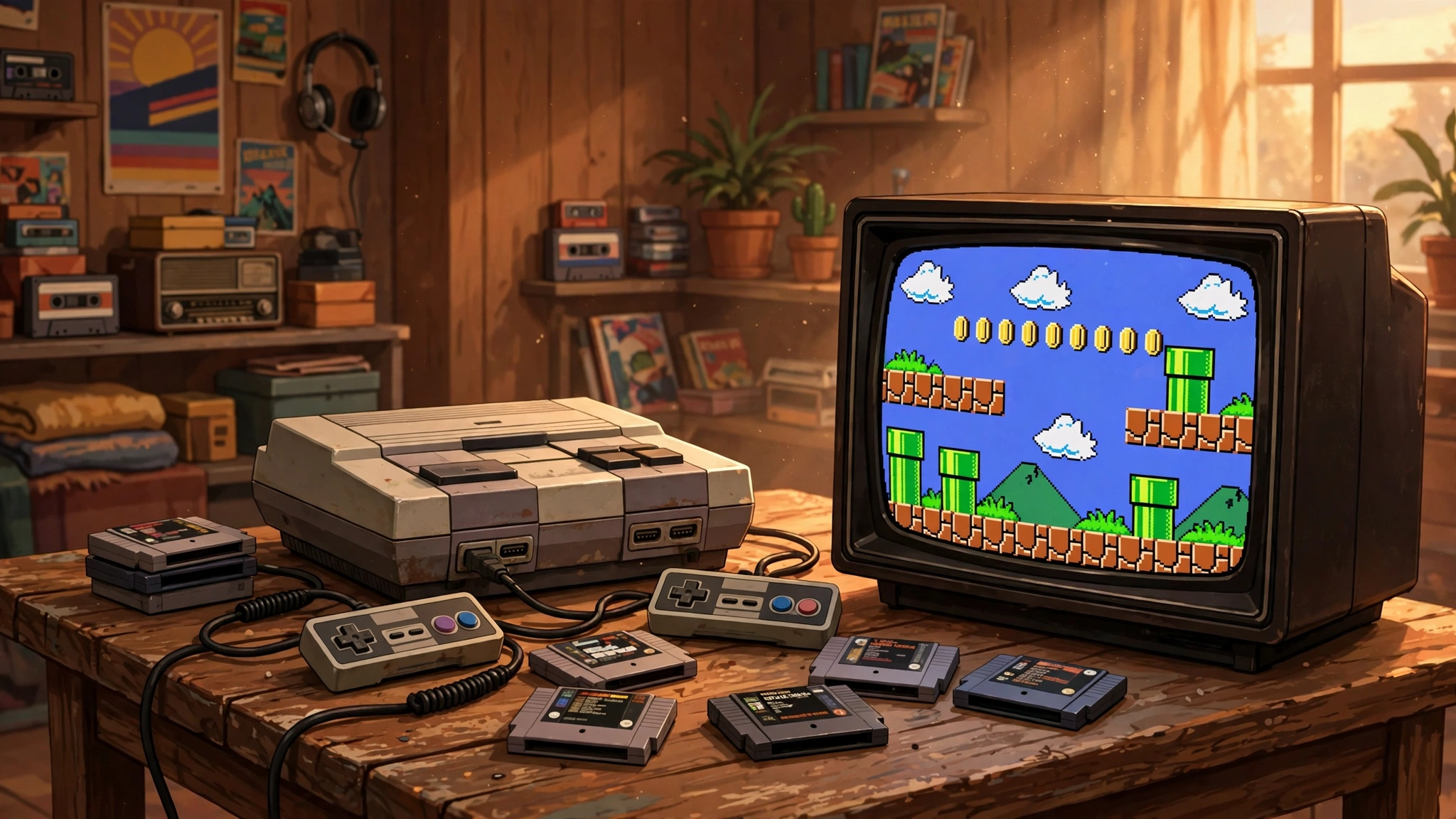 Salón de videojuegos retro con consola clásica y pantalla con un mundo de plataformas pixelado, ilustración de la era dorada de Nintendo