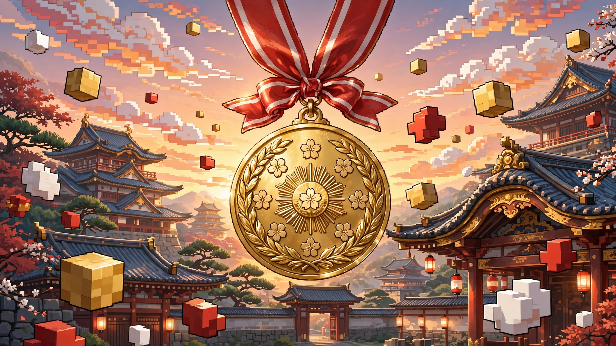 Medalla dorada de honor frente a un palacio japonés al atardecer con elementos pixelados de videojuego, ilustración del premio a Miyamoto